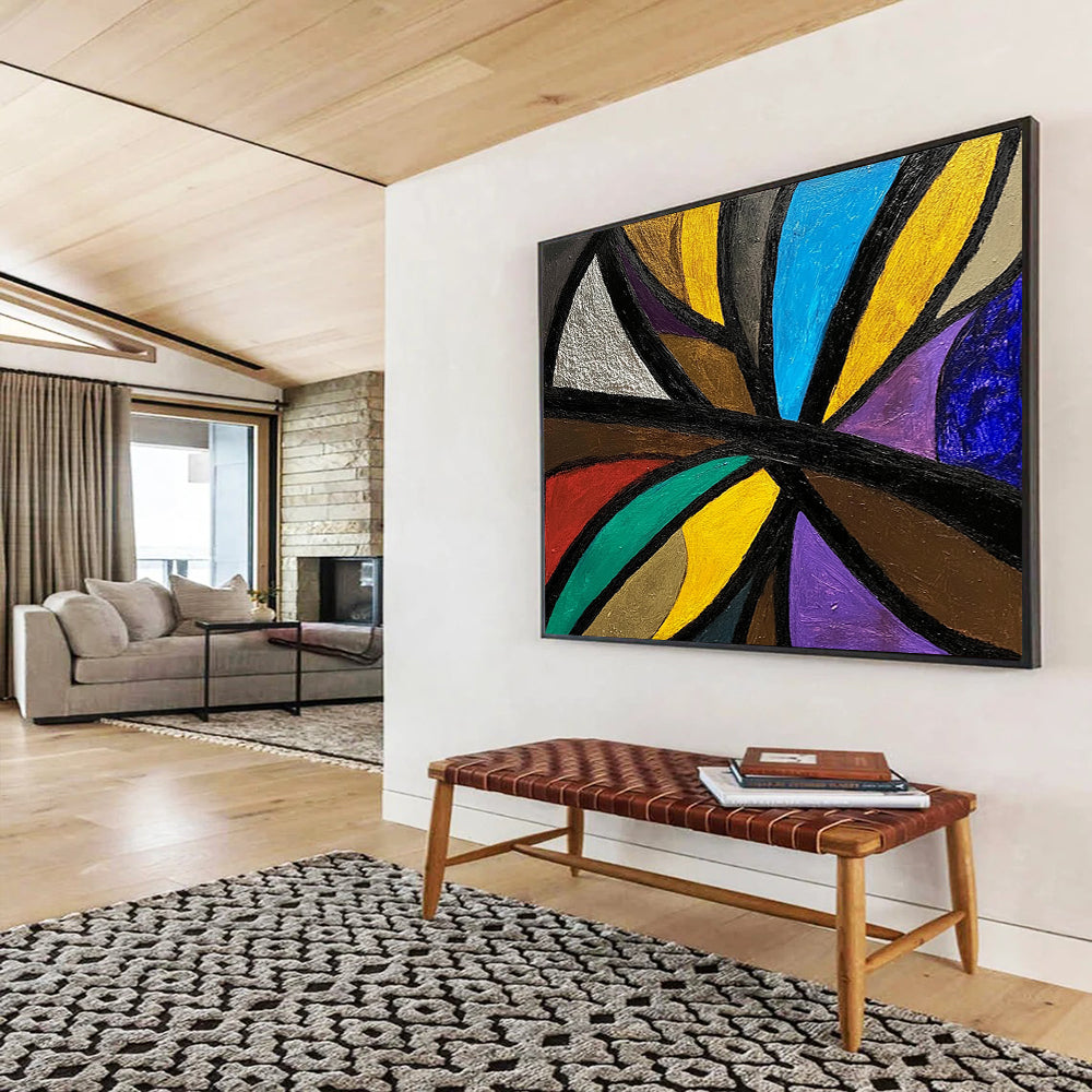 Colorful Geometric Abstract with Black Lines - Cubist - Inspired Painting On Canvas HB0495