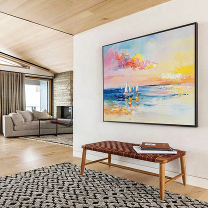 “Colorful Sailboat Seascape” - Pink, Yellow, Blue, White - Impasto Sailboats at Sunset - Oil Painting HB1307