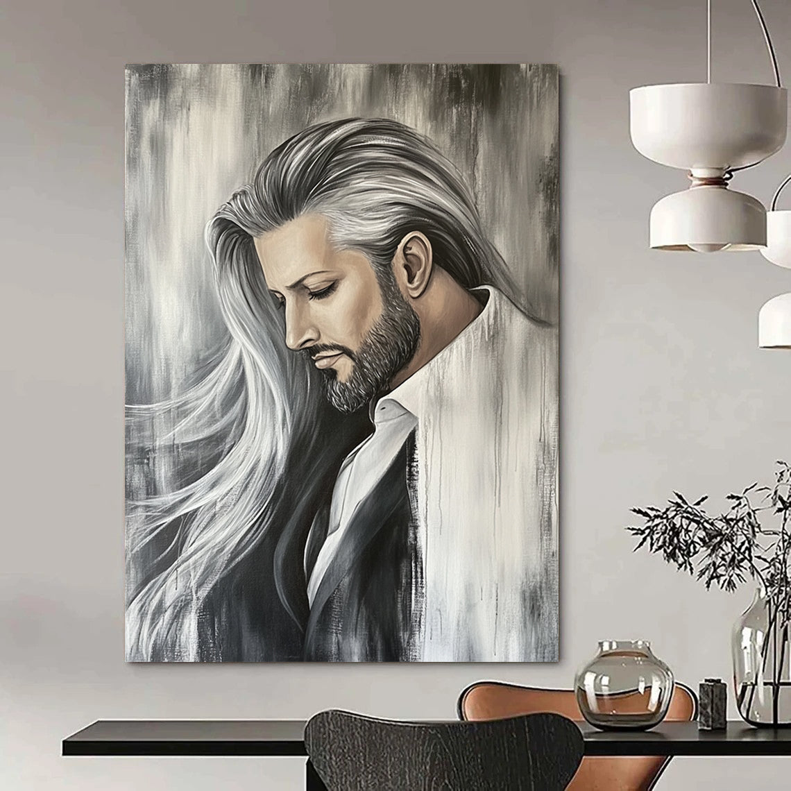 Contemporary hand-painted abstract art featuring a white horse with a flowing mane against a muted grey backdrop, capturing dynamic movement and elegance. DLZ1514