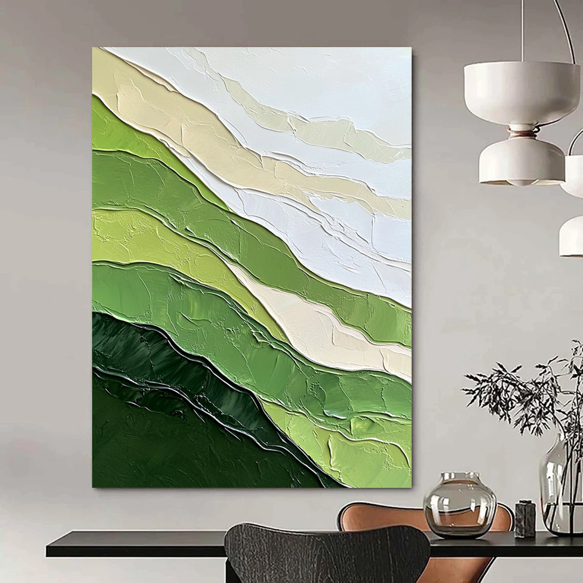 Contemporary hand-painted abstract artwork featuring textured green mountains and minimalist design against a white background evokes tranquility and natural beauty. DLZ0599