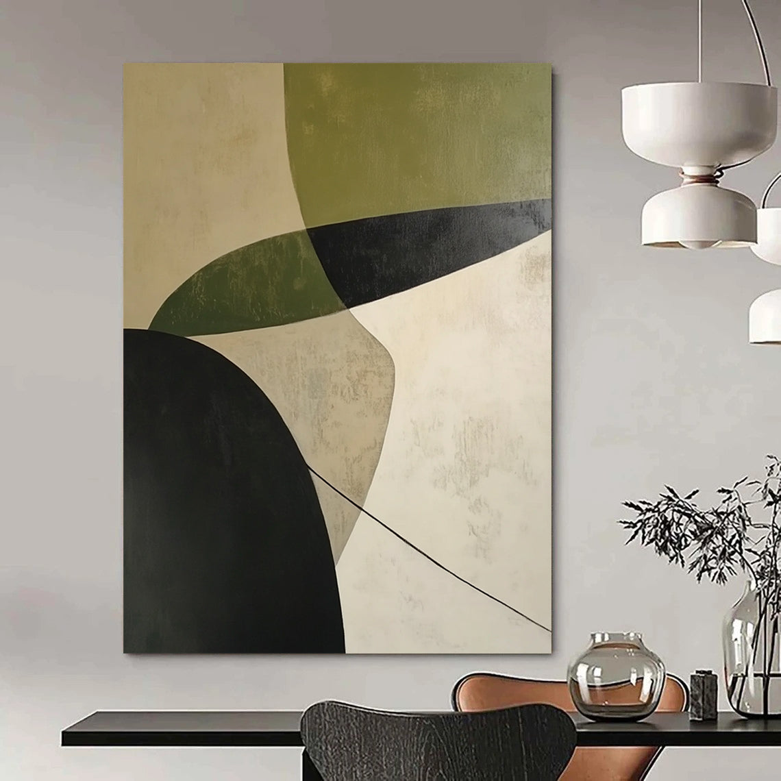 Contemporary abstract painting featuring calming white green and black curves with shadow effects on a beige background expressing simplicity and depth. DLZ1399