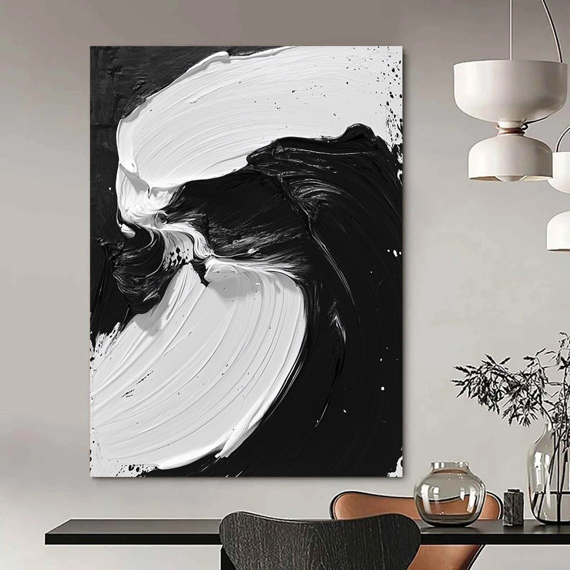 Contemporary hand-painted abstract artwork features flowing black and white oil paint, evoking powerful sea waves and mythical creatures. DLZ1549