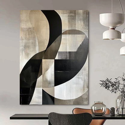 Large contemporary handcrafted abstract painting featuring gray beige and black tones with white accents smooth curves and geometric forms emphasizing negative space and light-shadow interplay. DLZ1371