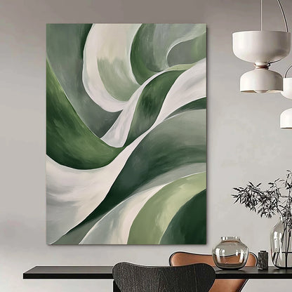 Contemporary hand-painted abstract art features smooth green leaf-like curves and white waves on a dark gray background, creating a striking visual impact. DLZ1209