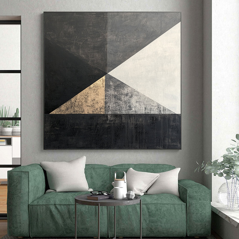 Black, White, Gray, Gold, Triangular Geometry "Gilded Triangle Tango" Abstract Cubist - Inspired Painting On Canvas HB122