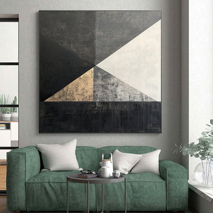 Black, White, Gray, Gold, Triangular Geometry "Gilded Triangle Tango" Abstract Cubist - Inspired Painting On Canvas HB122