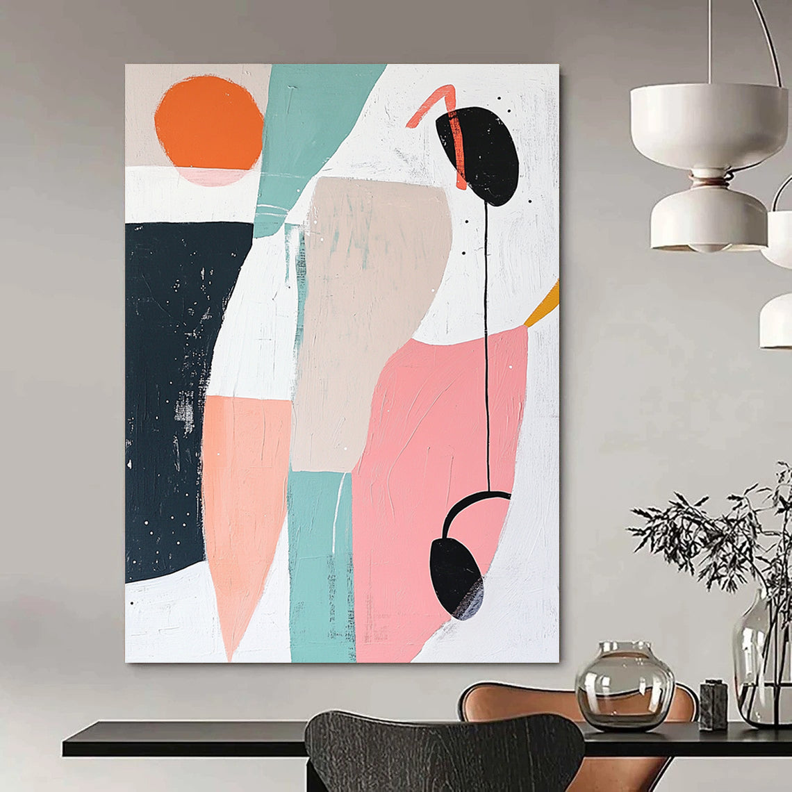 Large contemporary hand-painted abstract artwork featuring geometric shapes in soft pastels creating a calm and soothing atmosphere with negative space and a small black headphone detail. DLZ1374