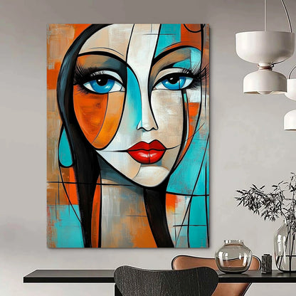 Contemporary abstract painting featuring a woman with geometric shapes and flowing hair in vibrant orange and turquoise tones. DLZ0785