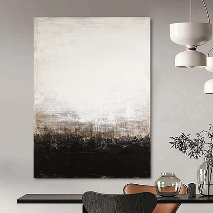 Large contemporary abstract painting features a black and white color scheme with a white-to-beige gradient and dark brown base evocative of Whistler and Rothko. DLZ0544