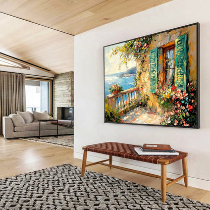 “Mediterranean Balcony” - Blue, Green, Colorful Flowers, Coastal Balcony - Impasto Oil Painting HB1681