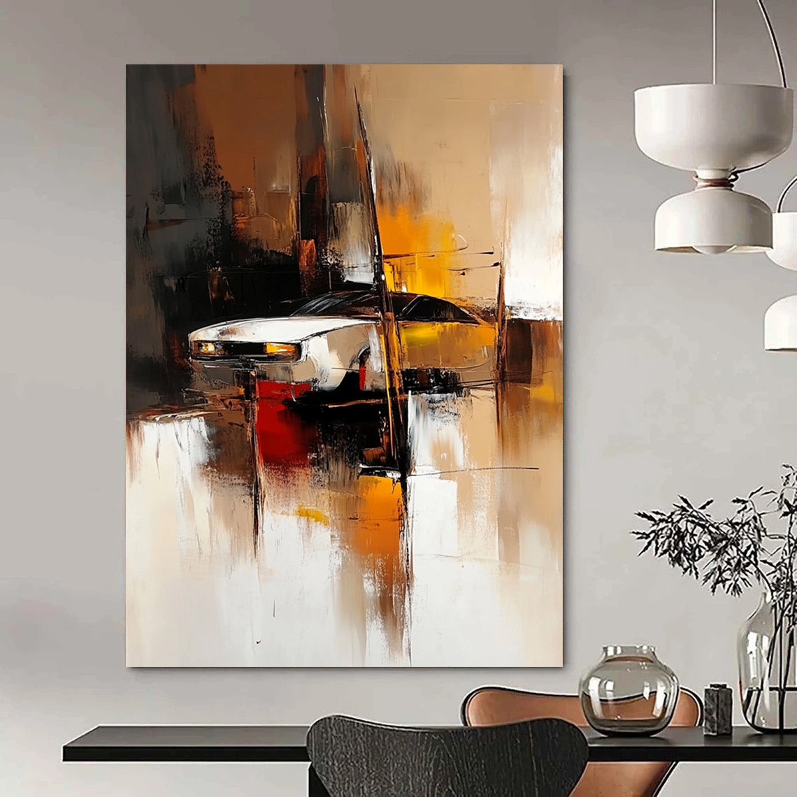 Contemporary abstract painting featuring blurred shapes in light brown dark amber and dark white creating an industrial design with soft edges and vibrant tones. DLZ0590