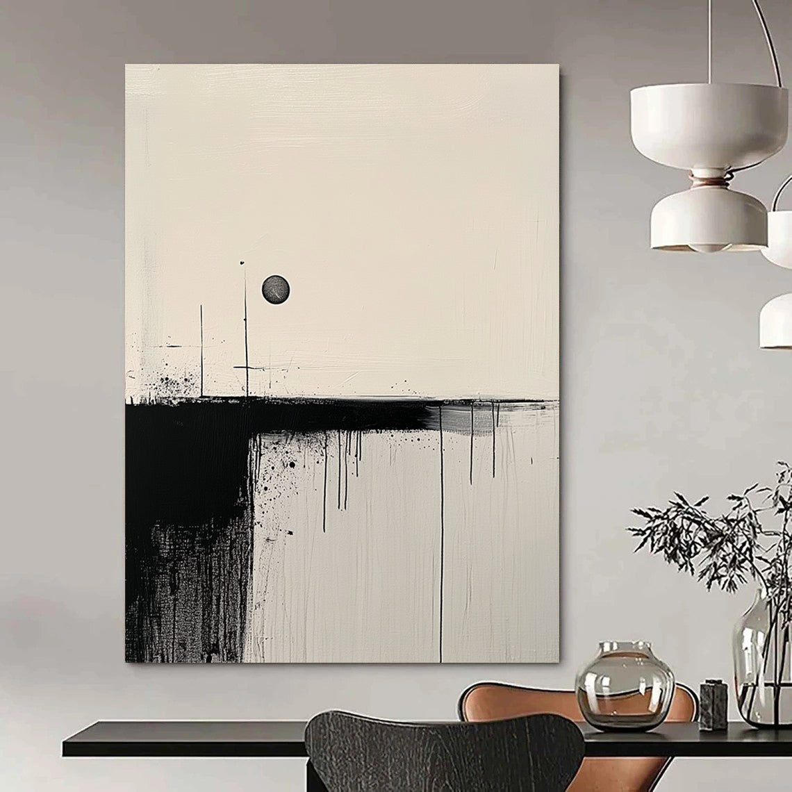 Contemporary hand-painted abstract art featuring minimalist black brushstrokes on a textured white canvas with a contrasting circle for balance. DLZ0766