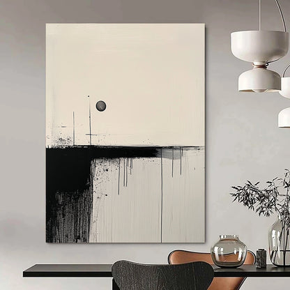 Contemporary hand-painted abstract art featuring minimalist black brushstrokes on a textured white canvas with a contrasting circle for balance. DLZ0766