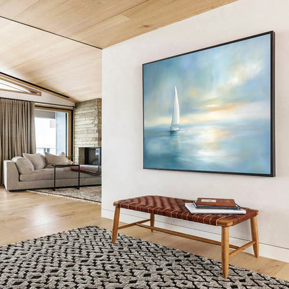“Sailboat At Dusk” - Light Blue, White, Dreamy Sailboat Painting On Canvas HB0702