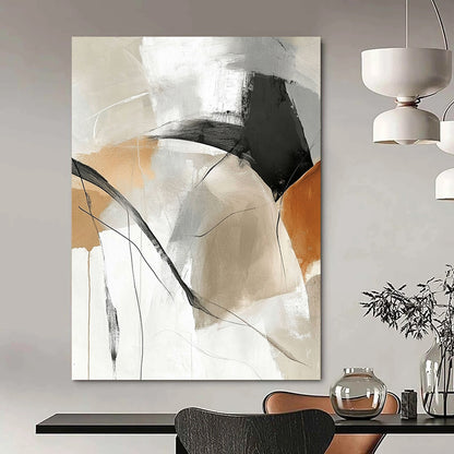 Contemporary hand-painted abstract art featuring beige and white tones with black lines beautiful curves and intertwined gray shades large blank spaces for customization. DLZ0292