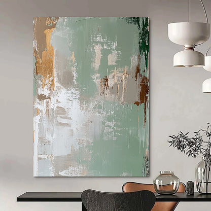 Contemporary hand-painted abstract art featuring a faded distressed background in light green and beige with peeling paint in the style of James Jean. DLZ1257