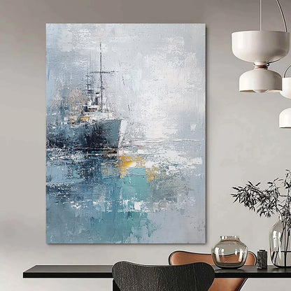 Contemporary abstract painting featuring the sea and a ship with impasto texture in light blue gray and white tones on canvas. DLZ0655