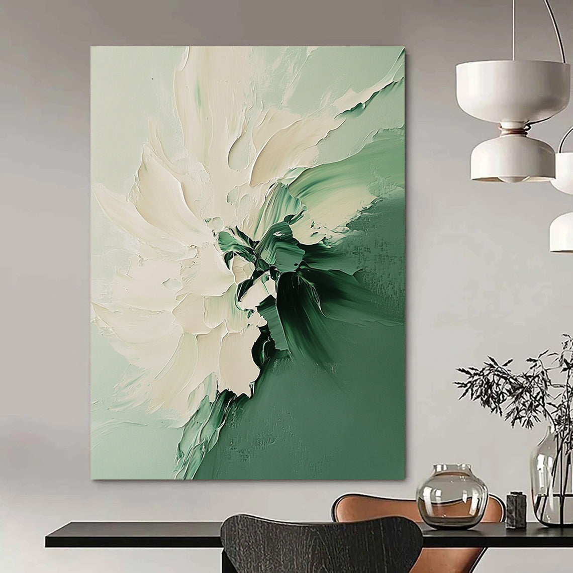 Contemporary abstract painting featuring a white and green flower with fluid shapes soft edges and vibrant colors in a dreamy texture. DLZ0606