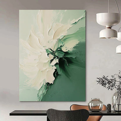 Contemporary abstract painting featuring a white and green flower with fluid shapes soft edges and vibrant colors in a dreamy texture. DLZ0606