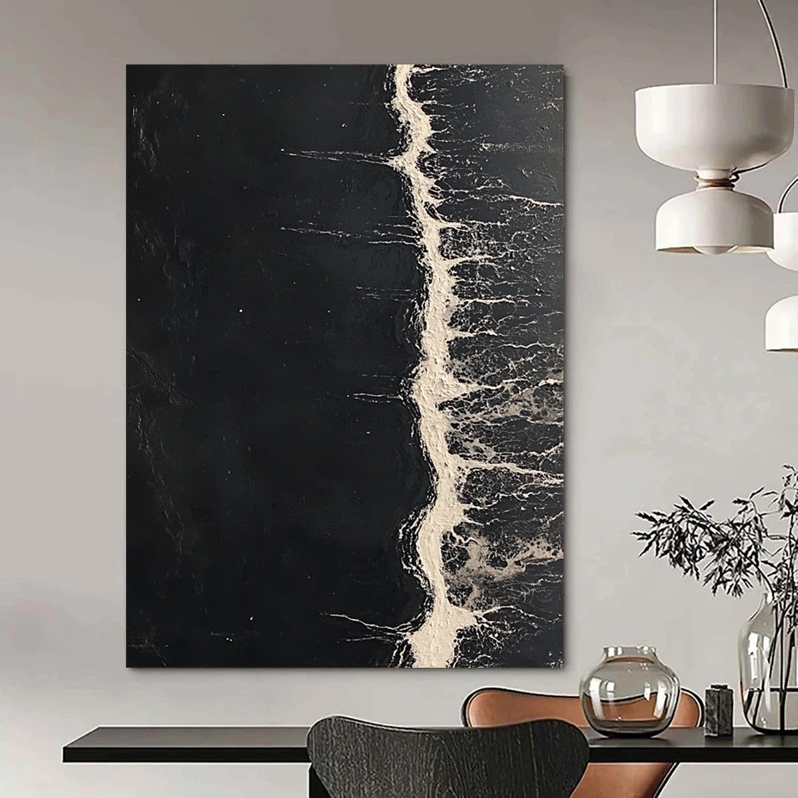 Vibrant contemporary abstract art featuring dark sea tones and striking white water lines, inspired by celebrated modern artists. DLZ0843