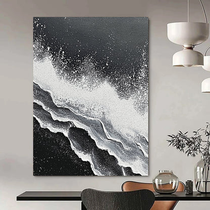 Contemporary hand-painted abstract art featuring intricate textures of ocean waves crashing in striking black and white tones. DLZ1139