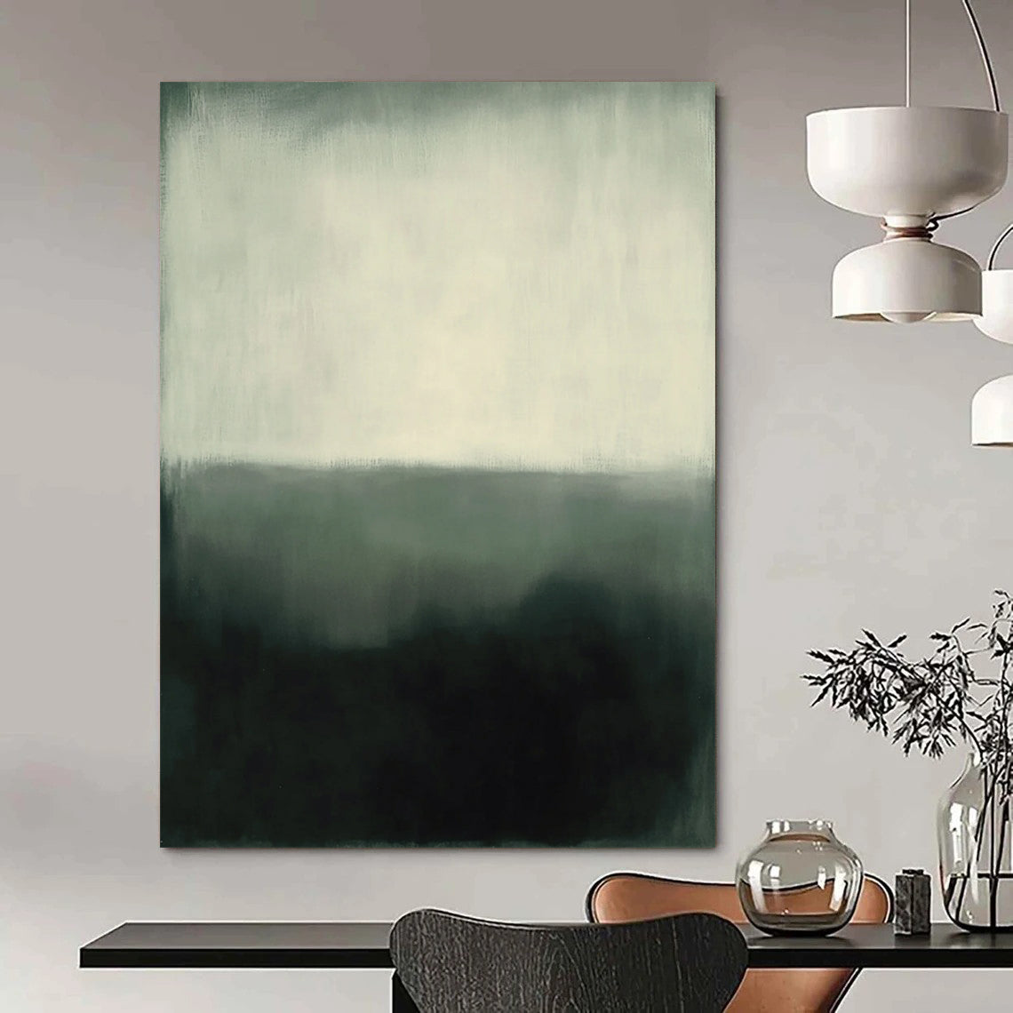 Abstract expressionism in muted gray and white tones featuring heavy brush strokes and a hazy atmosphere against a dark green background. DLZ1033