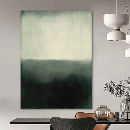 Abstract expressionism in muted gray and white tones featuring heavy brush strokes and a hazy atmosphere against a dark green background. DLZ1033