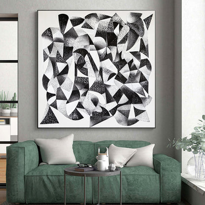 Black and White Geometric Abstraction "Monochrome Geometry" Painting On Canvas HB390