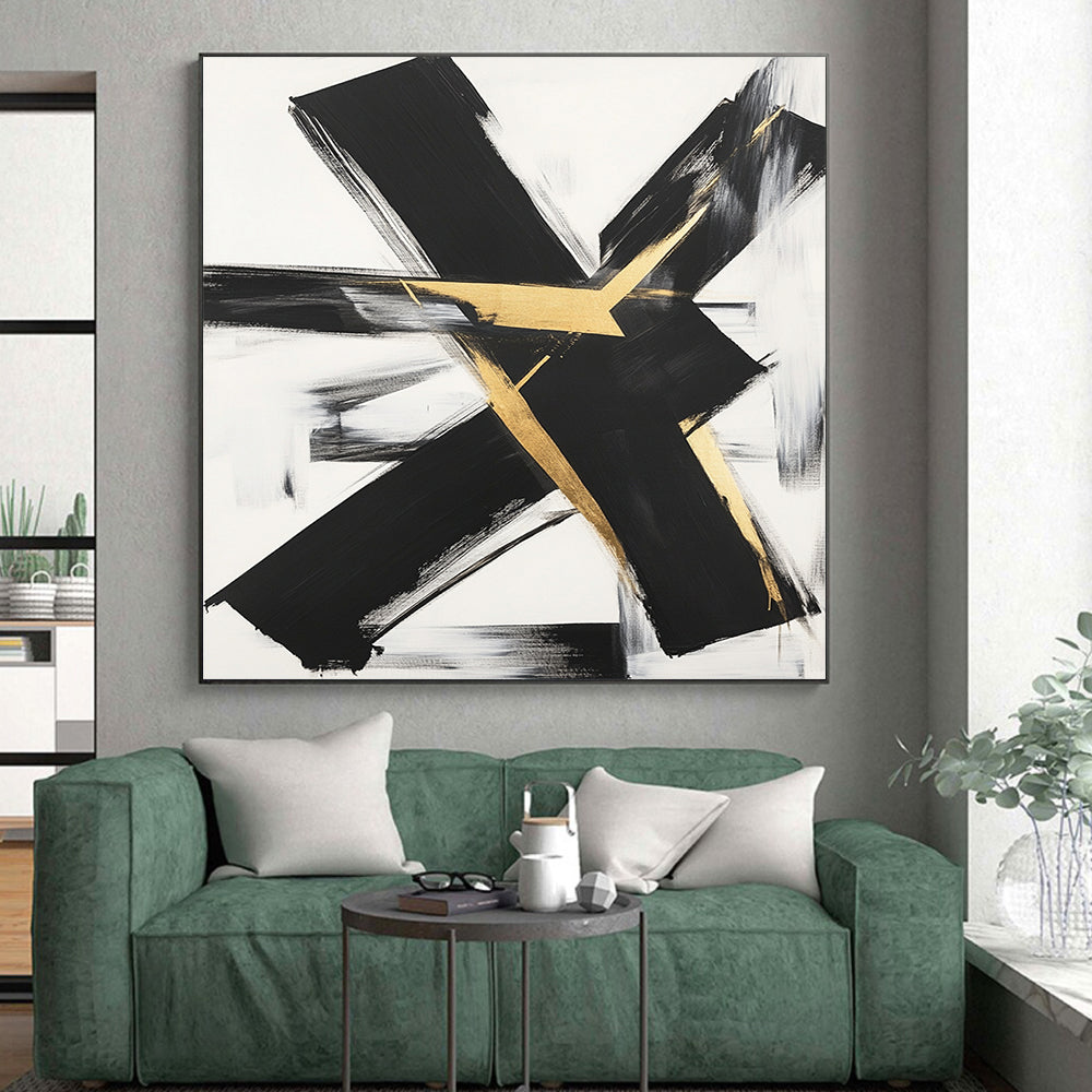 Black, White, Gold, Gray, Textured Triangles "Gilded Terrain" Abstract Cubist - Inspired Painting On Canvas HB120