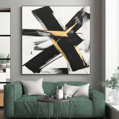 Black, White, Gold, Gray, Textured Triangles "Gilded Terrain" Abstract Cubist - Inspired Painting On Canvas HB120