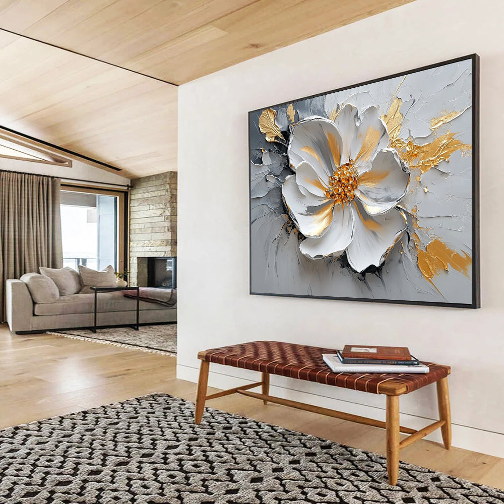 “Textured Floral Elegance” - Gray, White, Gold, 3D - like Abstract Flower Painting On Canvas HB1083