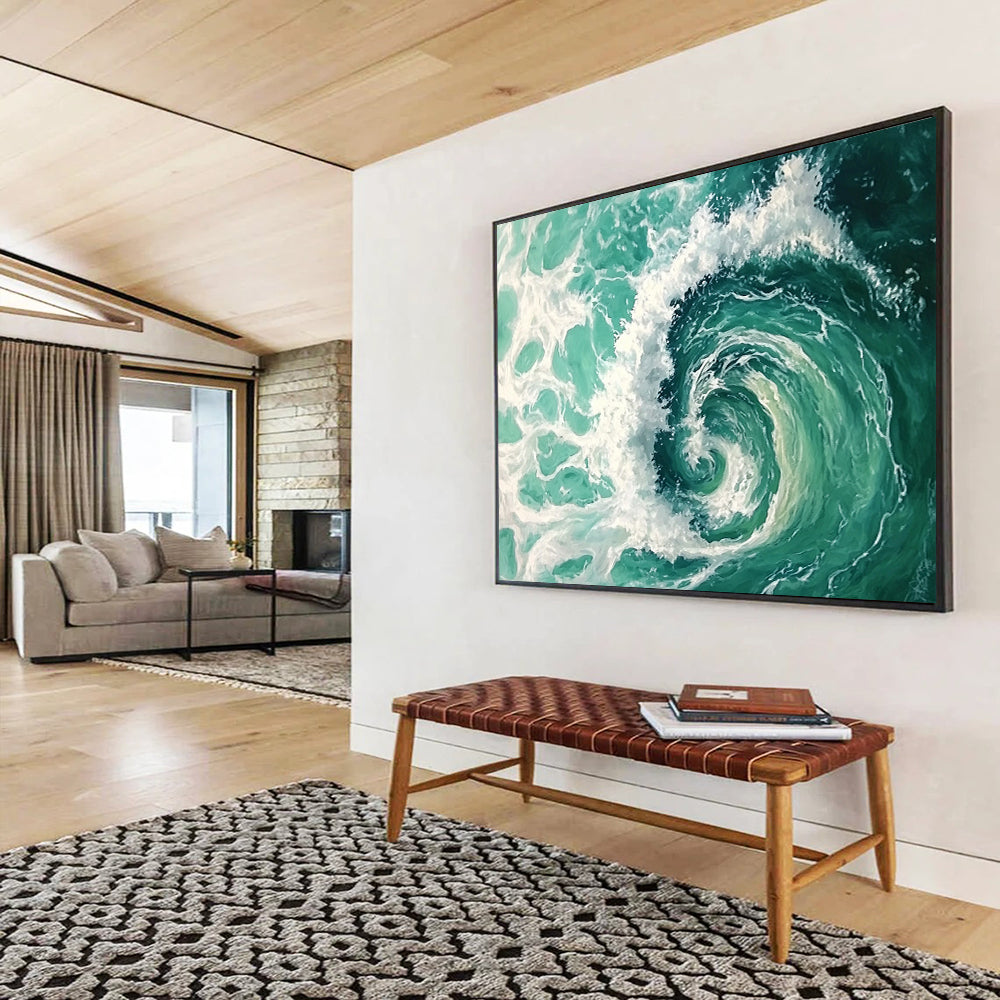 “Turquoise Ocean Vortex” - Turquoise, White, Spiral Waves Painting On Canvas HB0733