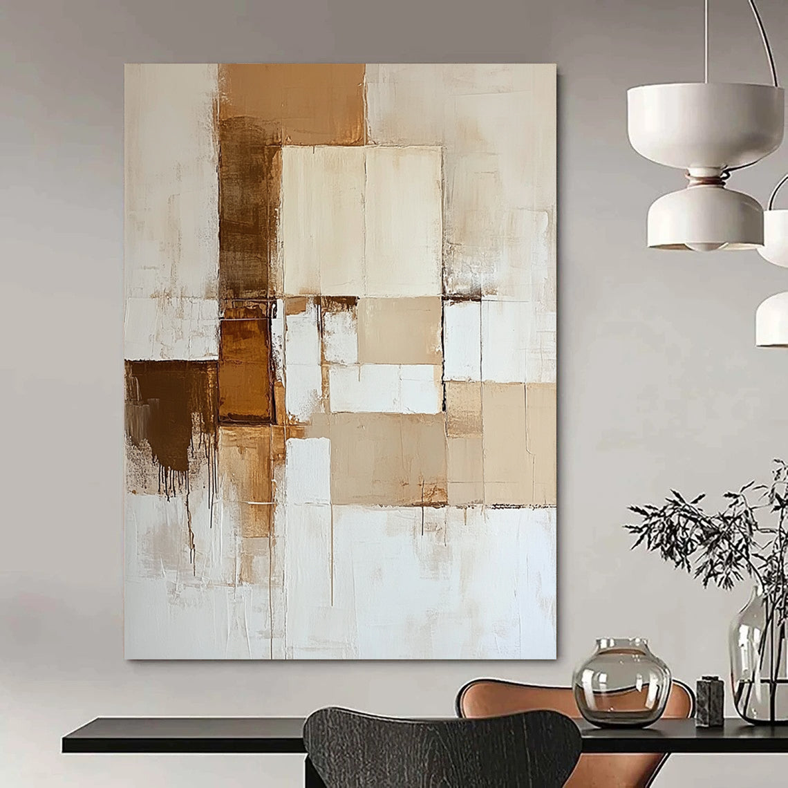 Contemporary hand-painted abstract artwork features neutral tones of beige and white with dynamic color blocks and a striking brown accent. DLZ0527