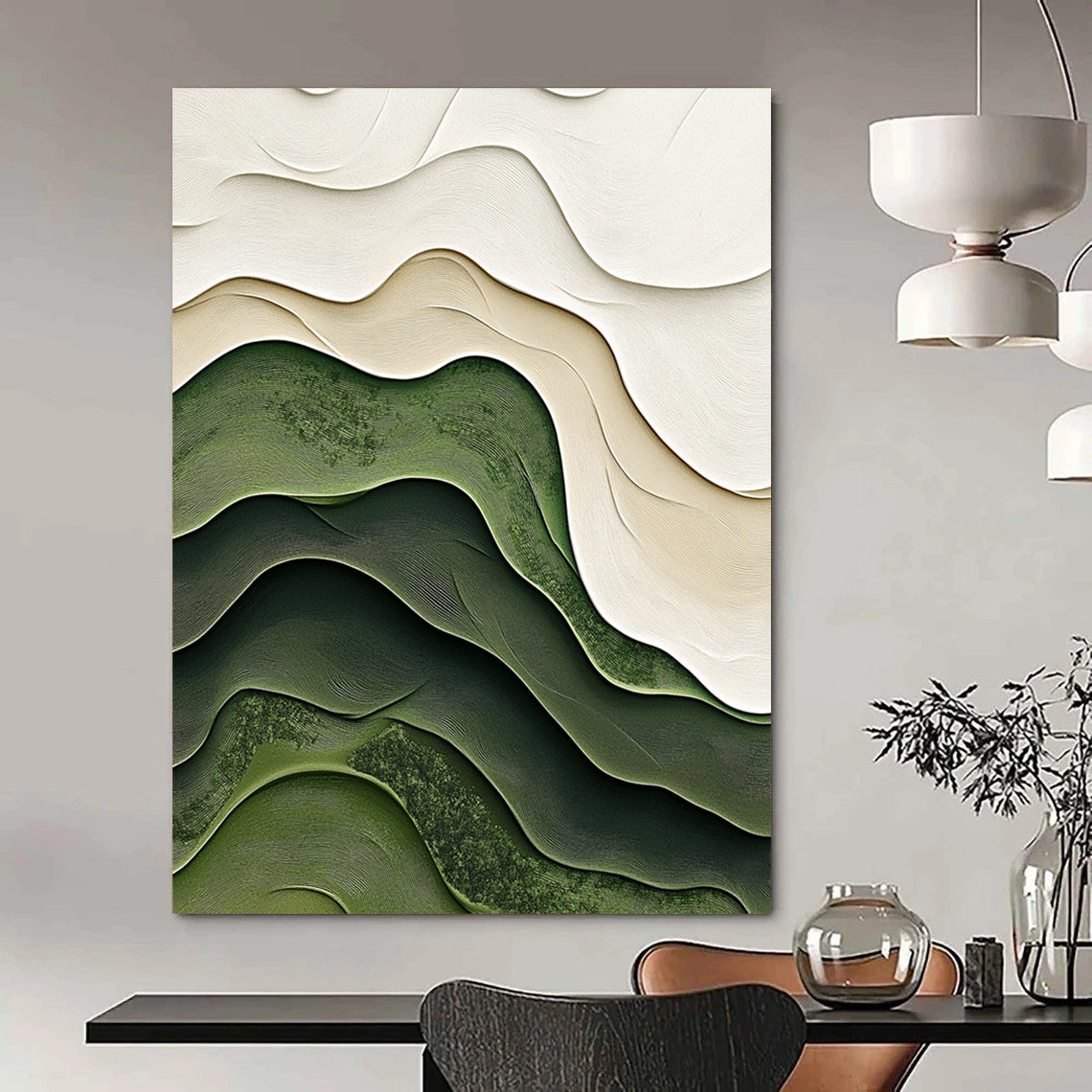 Contemporary abstract artistry featuring soft green and white layered topography enhances modern decor with elegant curves and intricate organic textures. DLZ1227