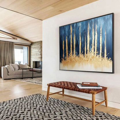 “Gold - Tree Silhouettes on Blue” - Gold, Blue, Beige, Tree Shapes Painting On Canvas HB0815