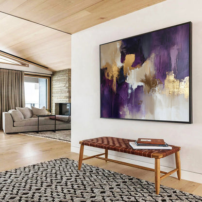 “Purple Gold Abstract” - Purple, Gold, Beige, White, Flowing Forms - Painting On Canvas HB1420