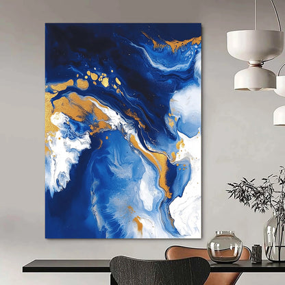 Contemporary abstract artwork featuring fluid acrylic swirls in blue and gold with textures of ocean waves white clouds and glitter accents. DLZ0327