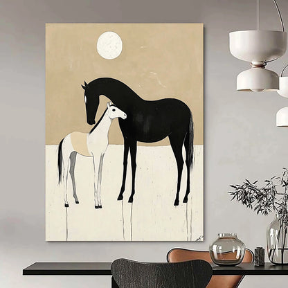 Contemporary abstract art featuring minimalist black and white horses in love against a beige background with a moon. Perfect for modern decor. DLZ1608