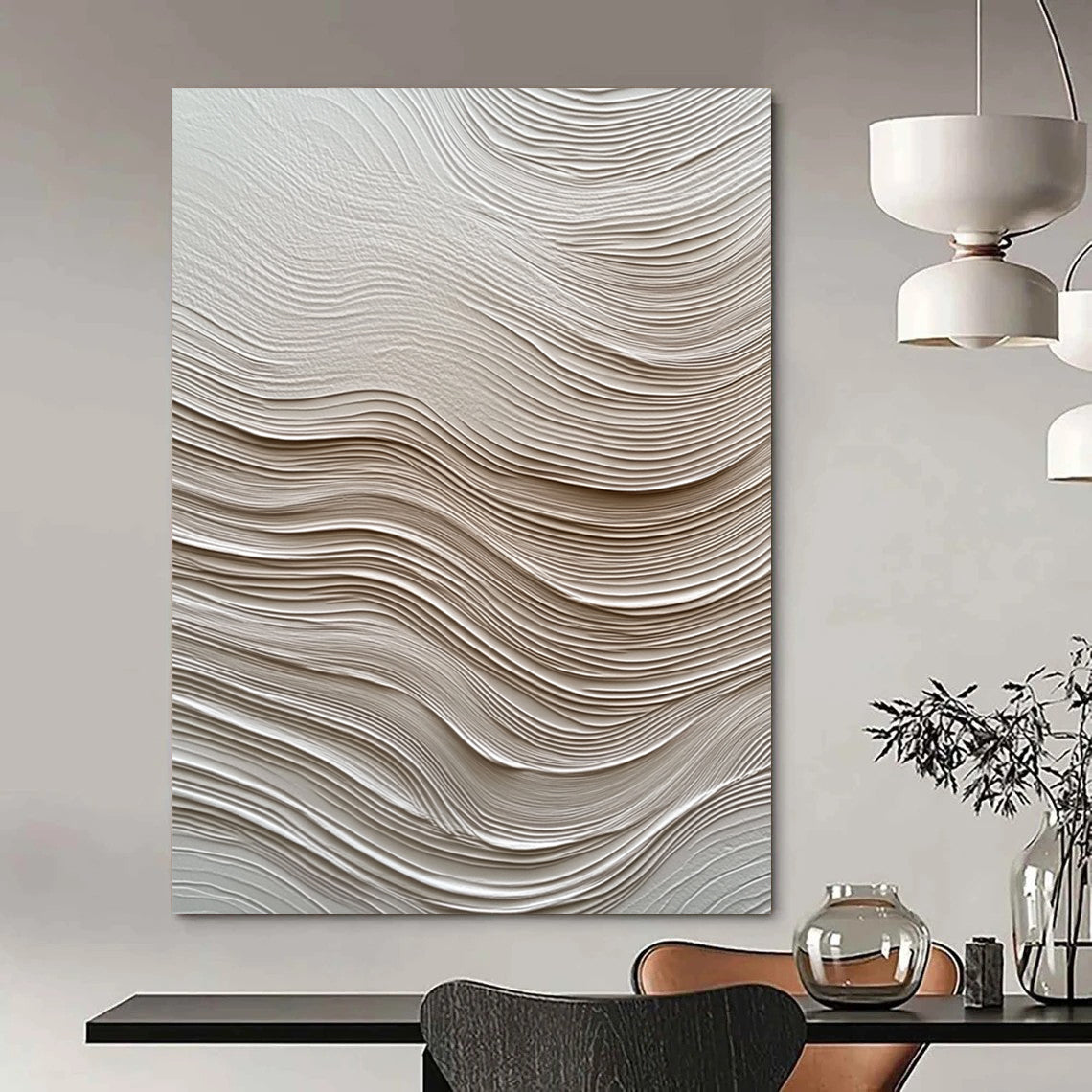 Contemporary abstract artwork featuring textured white paper resembling water waves enhances depth and movement, creating visual intrigue for any space. DLZ1234