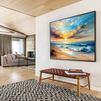“Vibrant Beach Sunset” - Oranges, Pinks, Blues, Colorful Ocean Sunset - Impasto Oil Painting HB1600