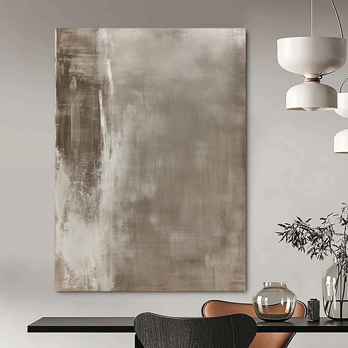 Contemporary hand-painted abstract art featuring aged canvas with muted tones and urban-inspired motifs, showcasing texture and unique character. DLZ1169