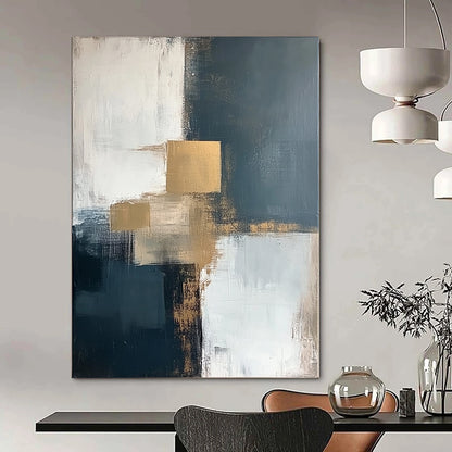 Contemporary abstract artwork featuring bold brush strokes in white, grey, beige, and blue with striking gold accents for a vibrant decor statement. DLZ0344