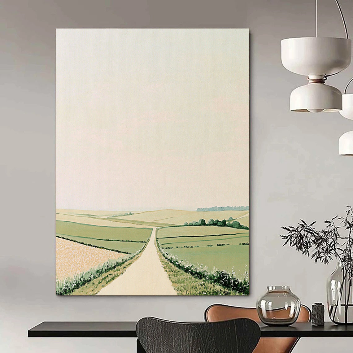 Contemporary hand-painted abstract art featuring rolling green fields and minimalistic Scandinavian style in muted pastels on a beige background. DLZ1503