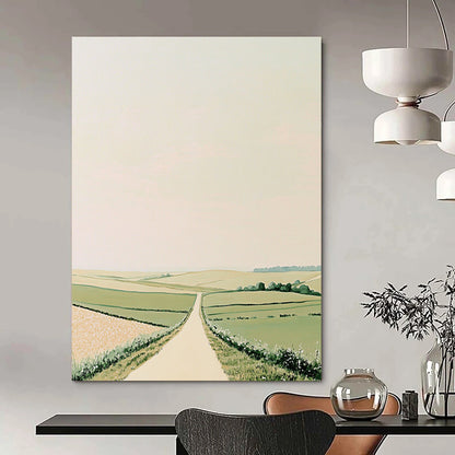 Contemporary hand-painted abstract art featuring rolling green fields and minimalistic Scandinavian style in muted pastels on a beige background. DLZ1503