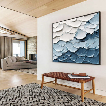 “Textured Wave Layers” - White, Blue, Gray - Impasto Ocean Waves - Acrylic Painting HB1335