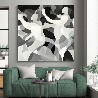 Black, White, Gray, Dancing Figures "Gilded Dance" Abstract Cubist - Inspired Painting On Canvas HB146