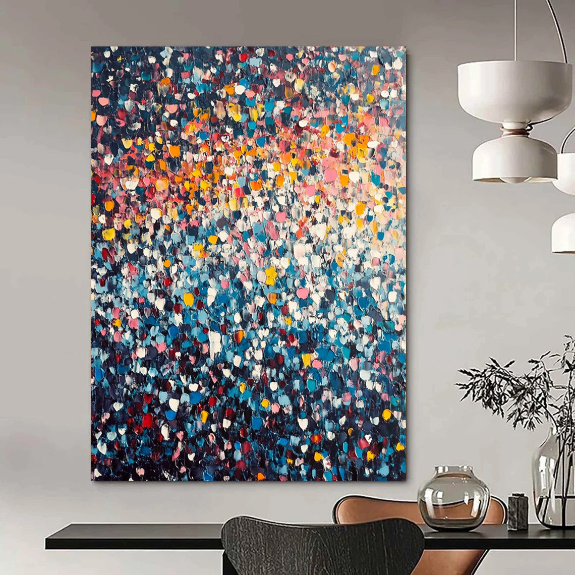 Vibrant contemporary hand-painted abstract artwork featuring a stunning array of tiny flowers in vivid colors against a dark clouded sky. DLZ1007
