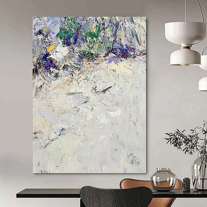 Large contemporary hand-painted abstract artwork featuring textured white sand with vibrant green and purple accents in the style of Claude Monet. DLZ0675