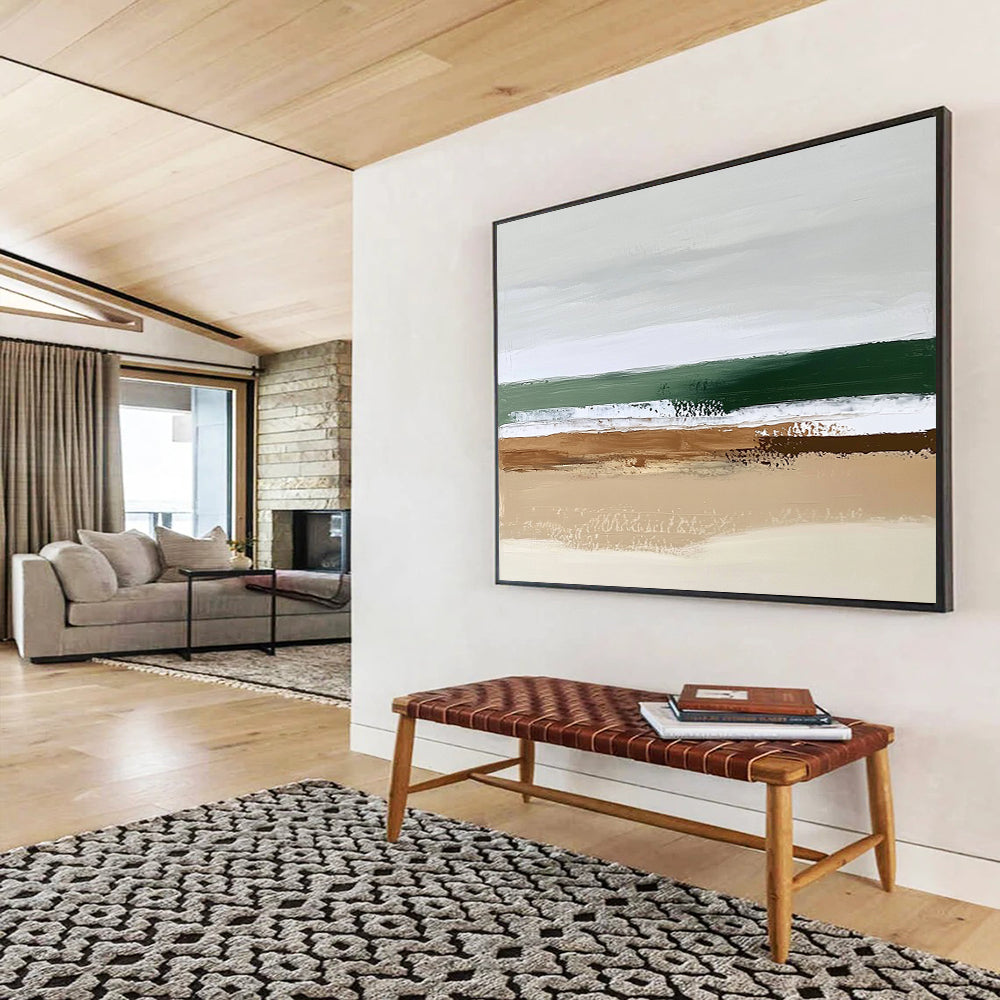 “Abstract Beach Layers” - Earthy brown, green, white, Minimalist Seascape Painting On Canvas HB0614