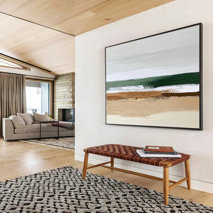 “Abstract Beach Layers” - Earthy brown, green, white, Minimalist Seascape Painting On Canvas HB0614